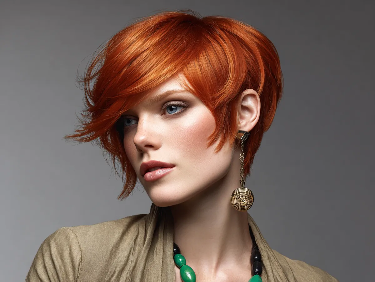 A vivid layered Panel Haircut in fiery red with soft flowing dimension for thin hair, artistic salon setting, dramatic angles and bold movement captured in fashion style imagery
