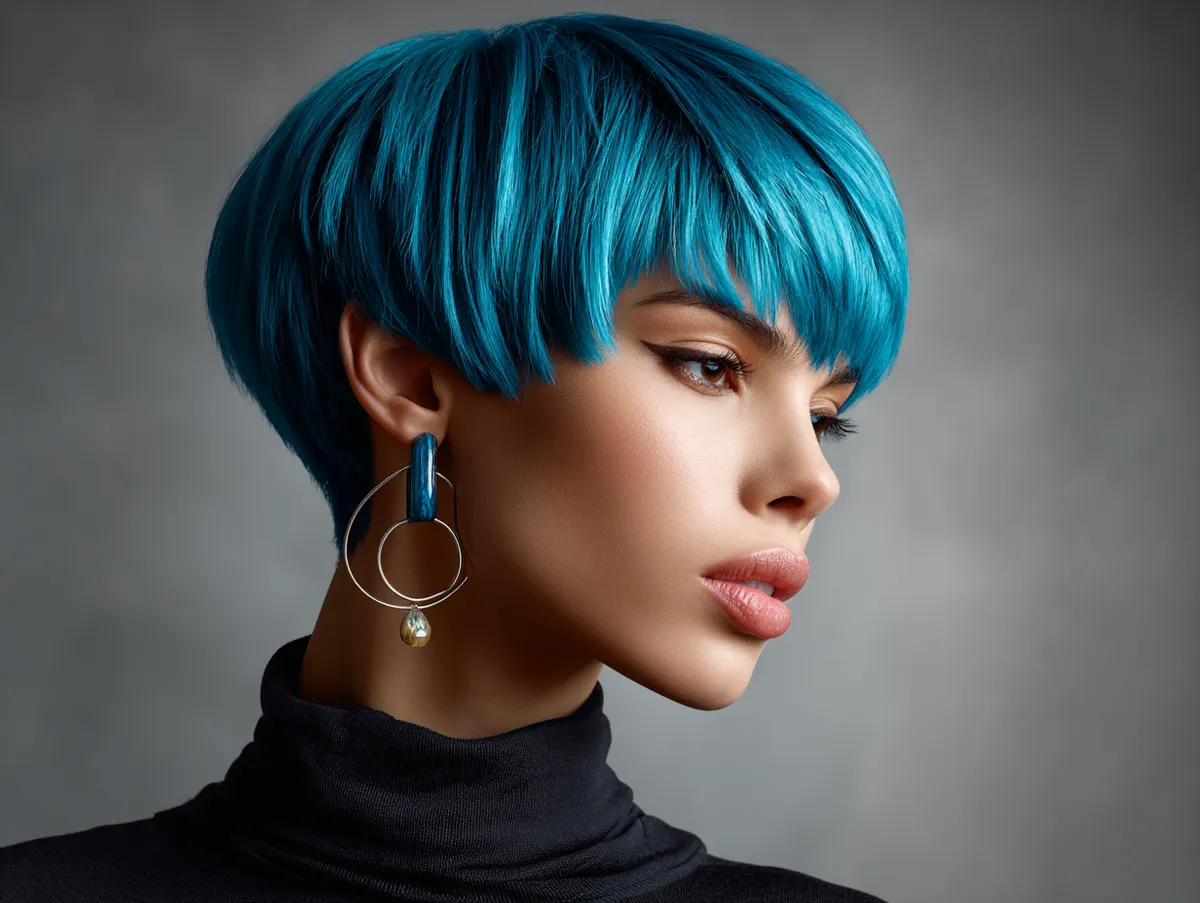 A vibrant layered Disconnected Bowl Cut in electric blue with dynamic texture for thin hair, styled with creative precision, captured under bright studio lights, modern editorial vibe