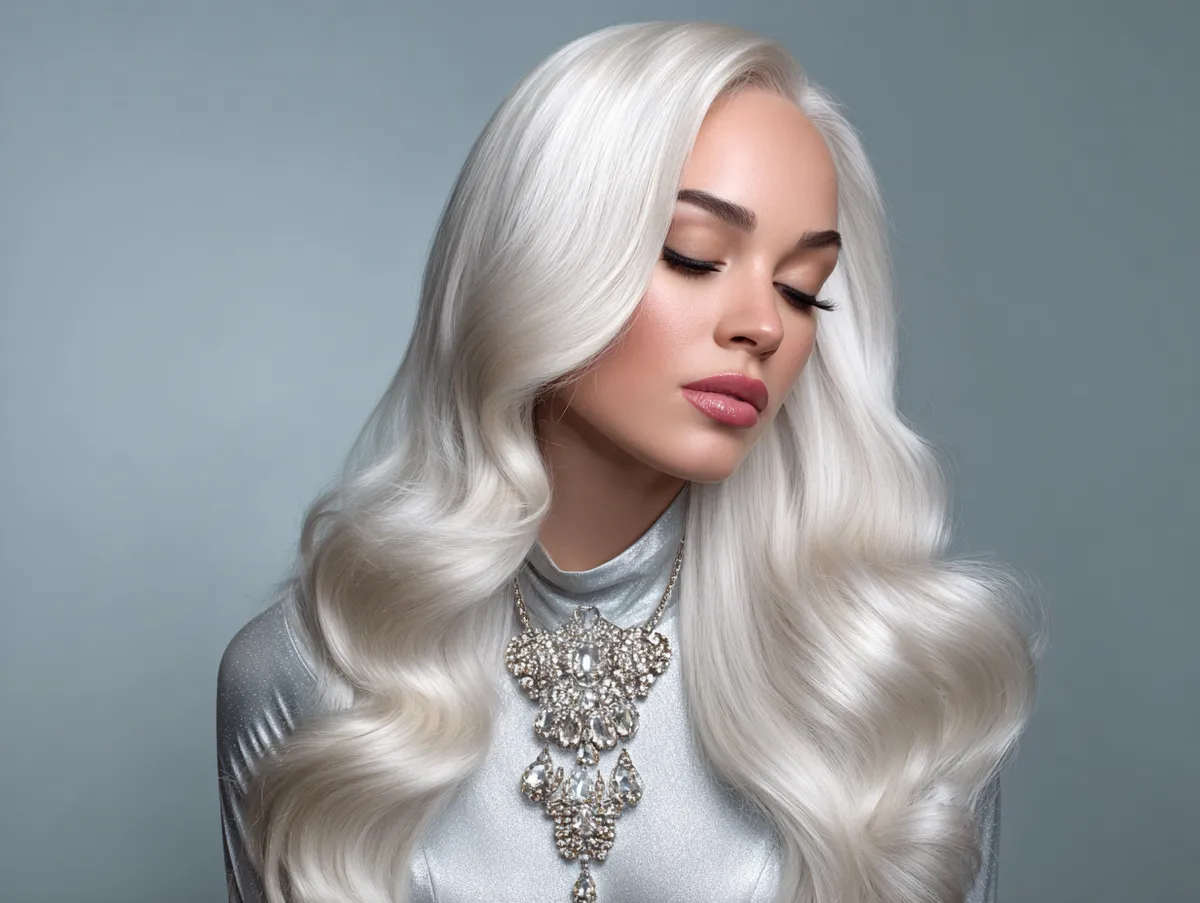 A glamorous woman with dazzling platinum blonde hair styled in flowing long wavy hairstyles, radiant studio lighting, sophisticated beauty