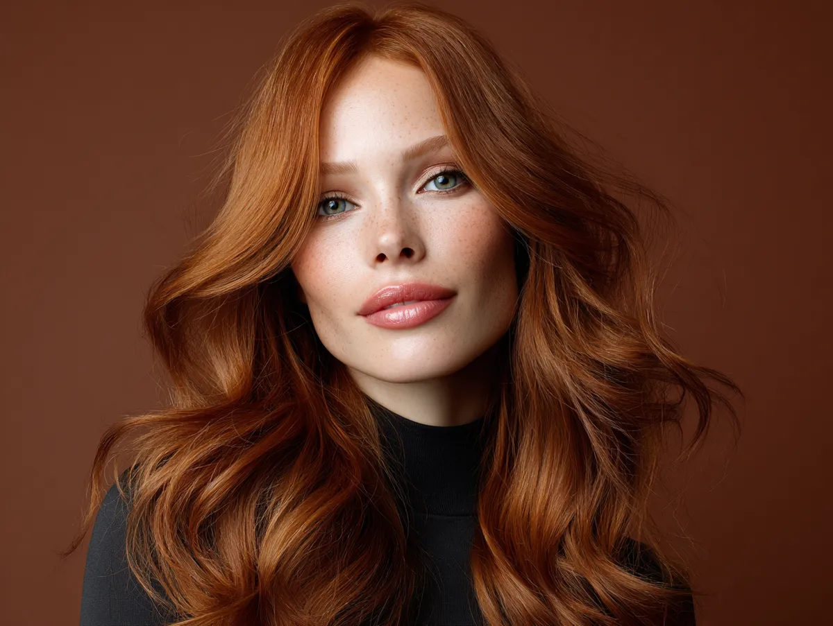 A woman with flowing radiant copper hair styled in soft long wavy hairstyles, luminous background, ethereal beauty, warm golden tones