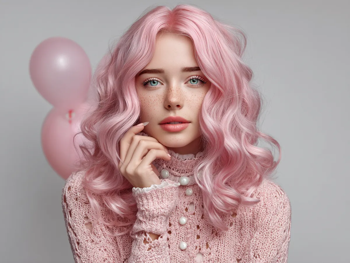 A young woman with dreamy pastel pink hair styled in charming long wavy hairstyles, airy atmosphere, delicate and playful look