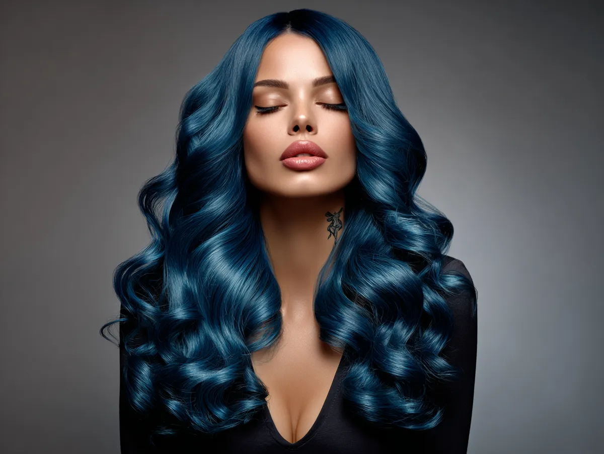 A model with luxurious sapphire blue hair styled in elegant long wavy hairstyles, shimmering lighting, graceful and refined appearance