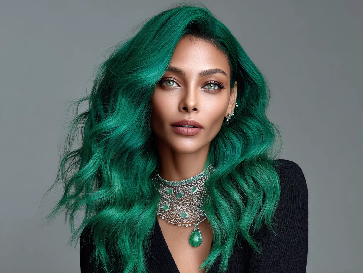 A striking woman with vivid emerald green hair styled in radiant long wavy hairstyles, glowing aura, natural yet bold charm