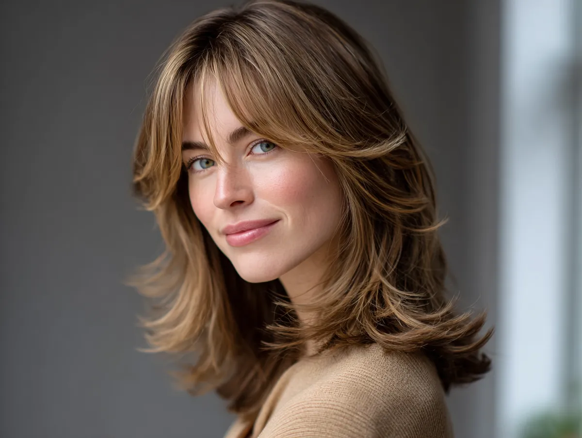 A woman with chic medium length layered hair styled with soft face framing layers, natural light setting, elegant yet casual atmosphere, modern beauty magazine style
