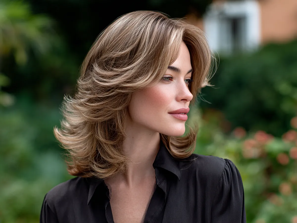 An elegant woman with medium length layered hair styled in soft waves, outdoor garden background, timeless and graceful appearance, lifestyle photography aesthetic