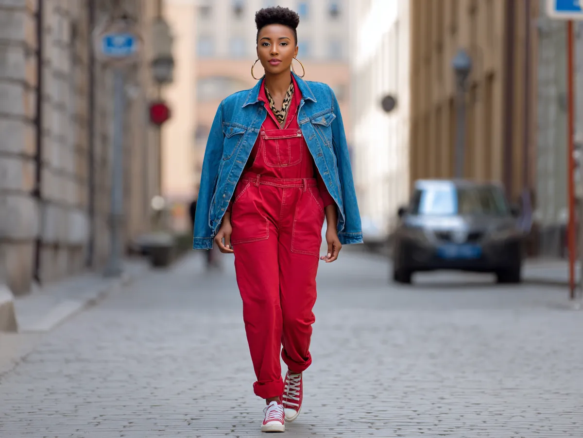 A stylish young woman walking downtown, wearing red overalls with a denim blue jacket, sneakers, street-style vibe, urban setting, bright natural light