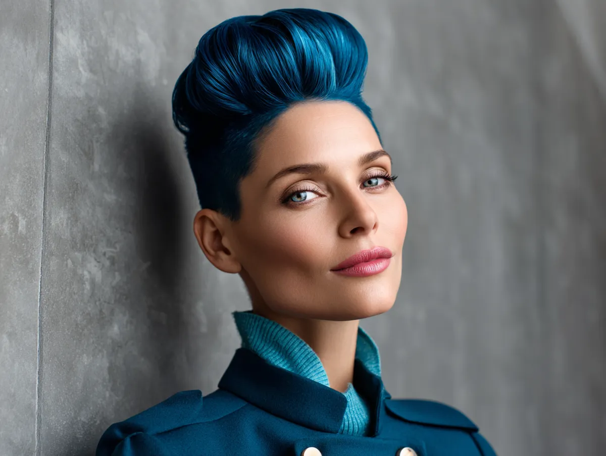 A stylish person with an electric blue pompadour hairstyle, sharp details, sleek finish, modern fashion background