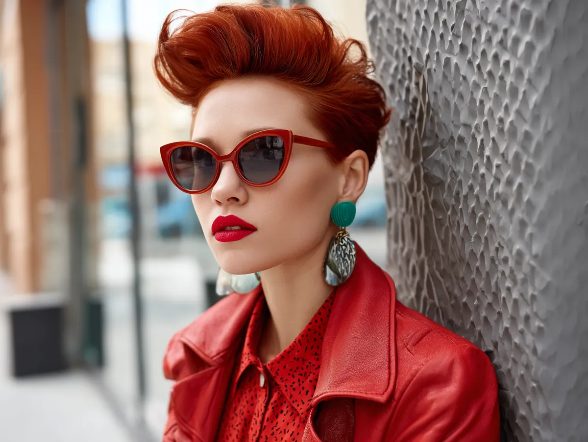A confident individual with a fiery red pompadour hairstyle, textured volume, stylish urban backdrop