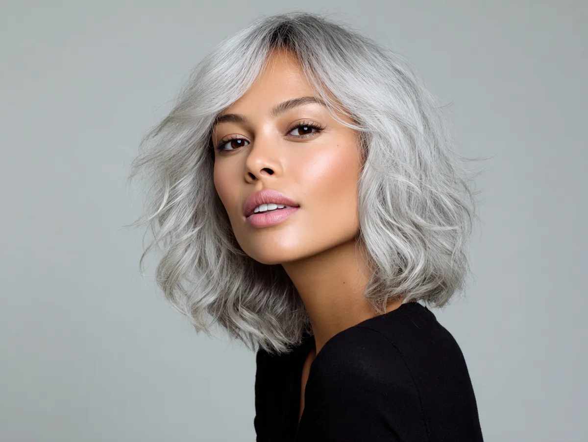 silver balayage shoulder length hairstyle, textured finish, contemporary look, bright airy background, youthful yet elegant style