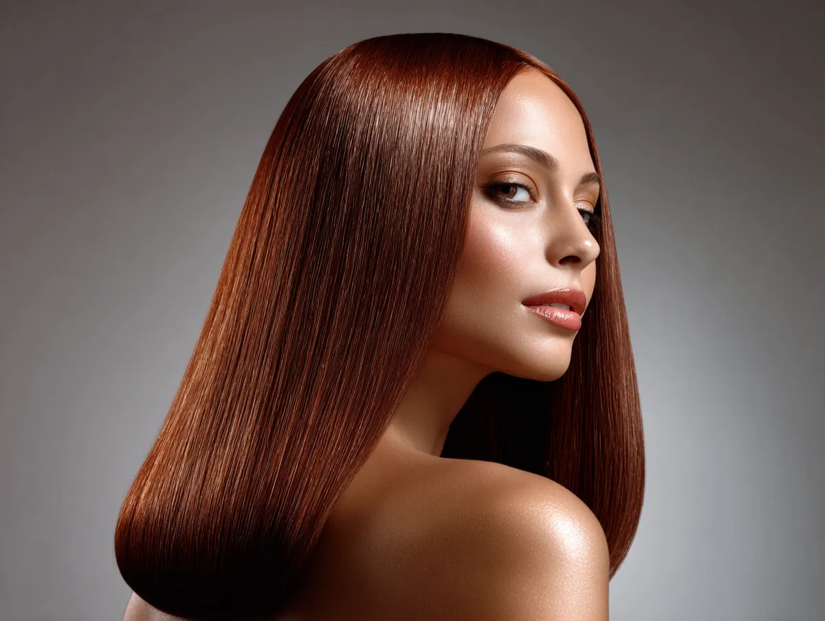  sleek straight auburn shoulder length hair, shiny and smooth finish, natural studio lighting, minimalistic elegance