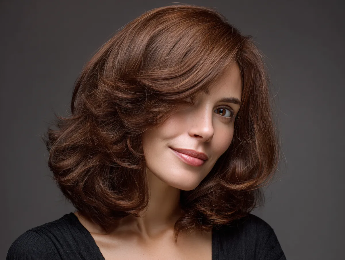 natural chestnut brown shoulder length hair with soft layered cut, voluminous texture, elegant and flattering look, professional studio portrait