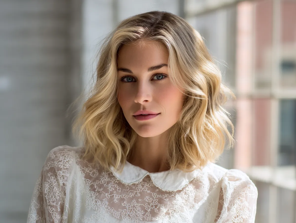 shoulder length blonde hair styled in gentle waves, bright sunlit background, radiant and soft feminine style, glowing highlights