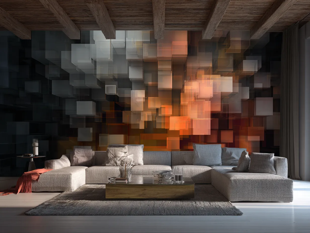 living room with 3d wallpaper accent wall