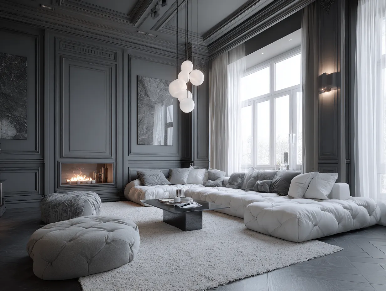 grey and white living room with soft textiles