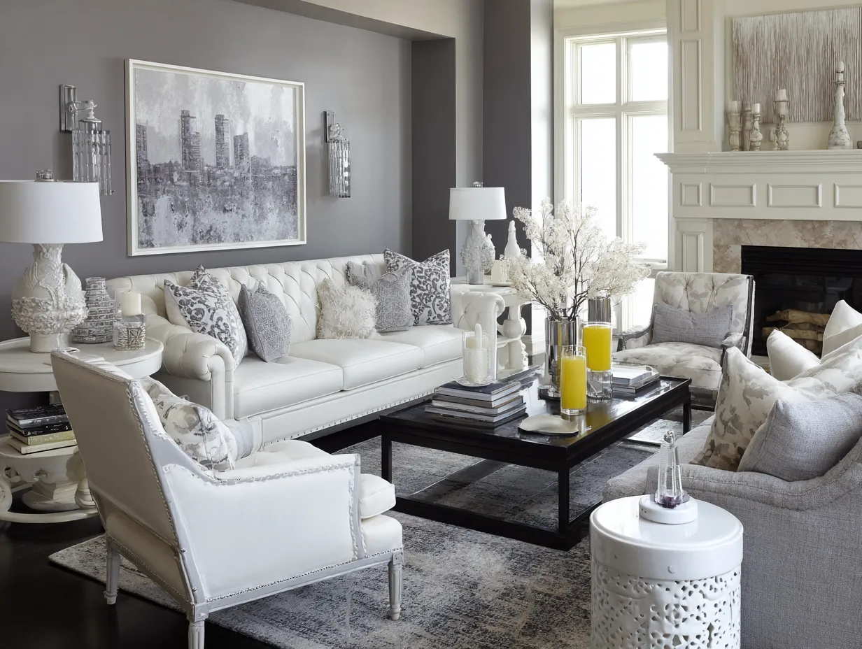 grey and white living room with neutral furniture