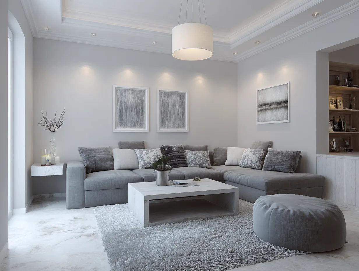 cozy grey and white living room setup