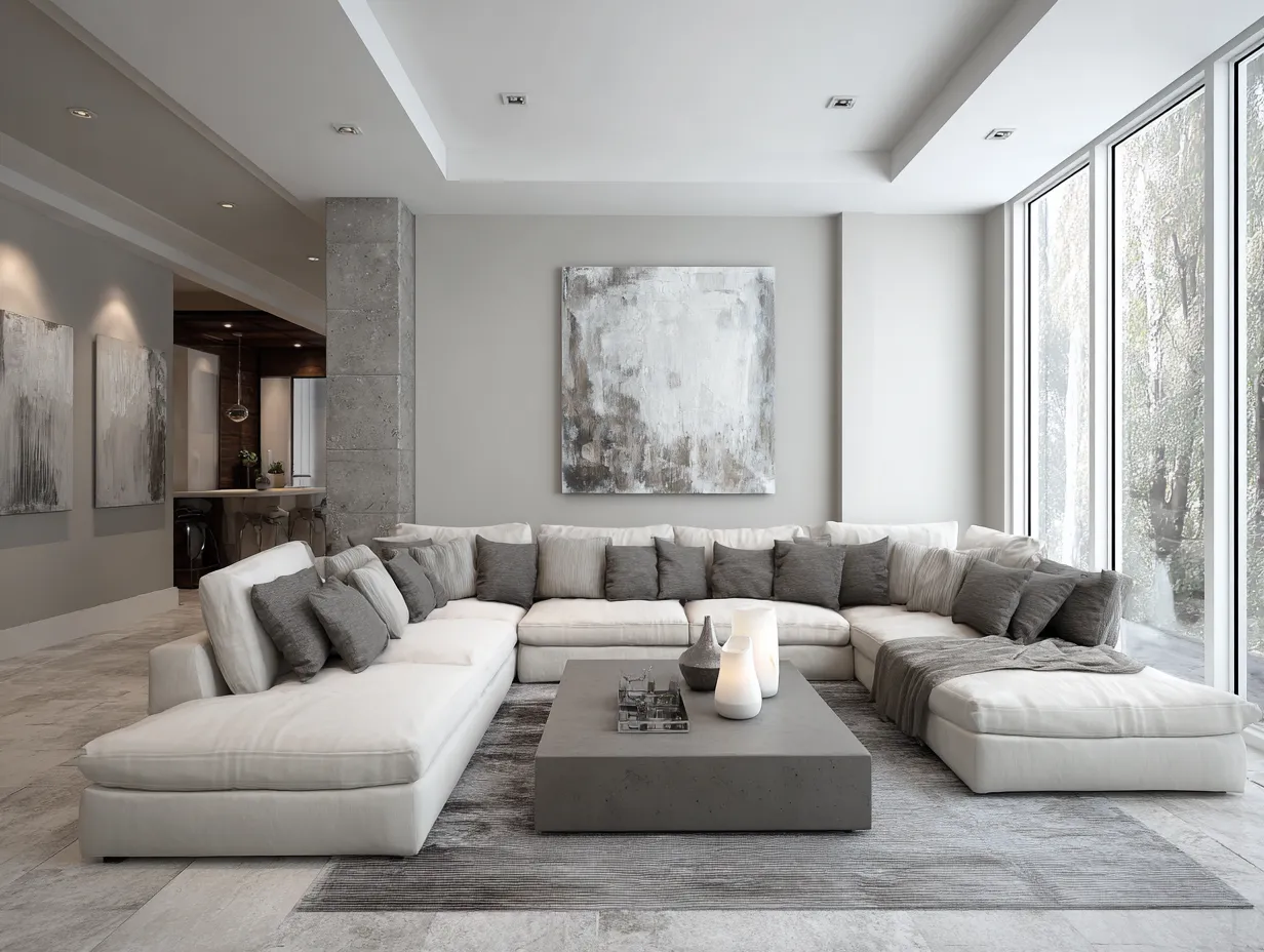 grey and white living room with white sofa