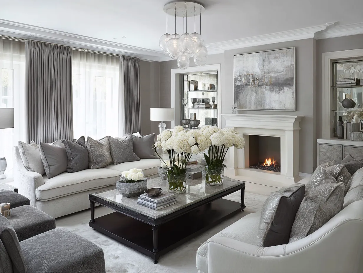 grey and white living room with grey accent wall