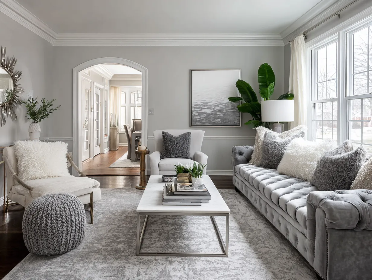 bright grey and white living room with natural light