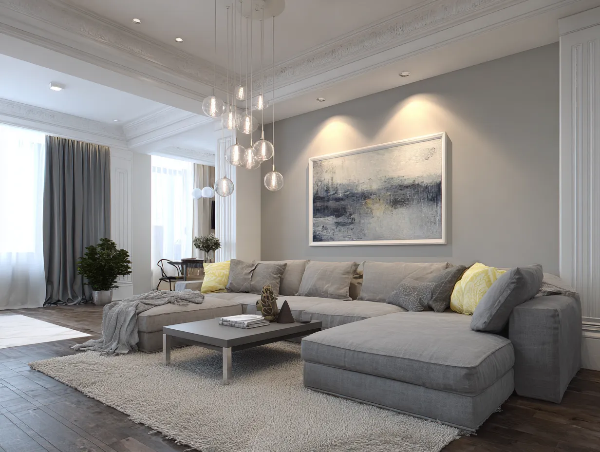 airy grey and white living room with white walls