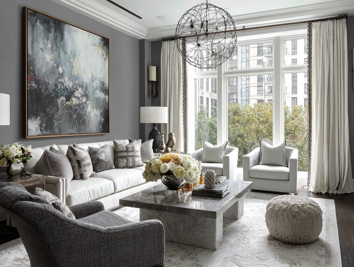 grey and white living room with layered textures
