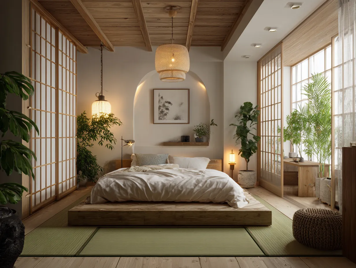 Cozy japandi style bedroom layout