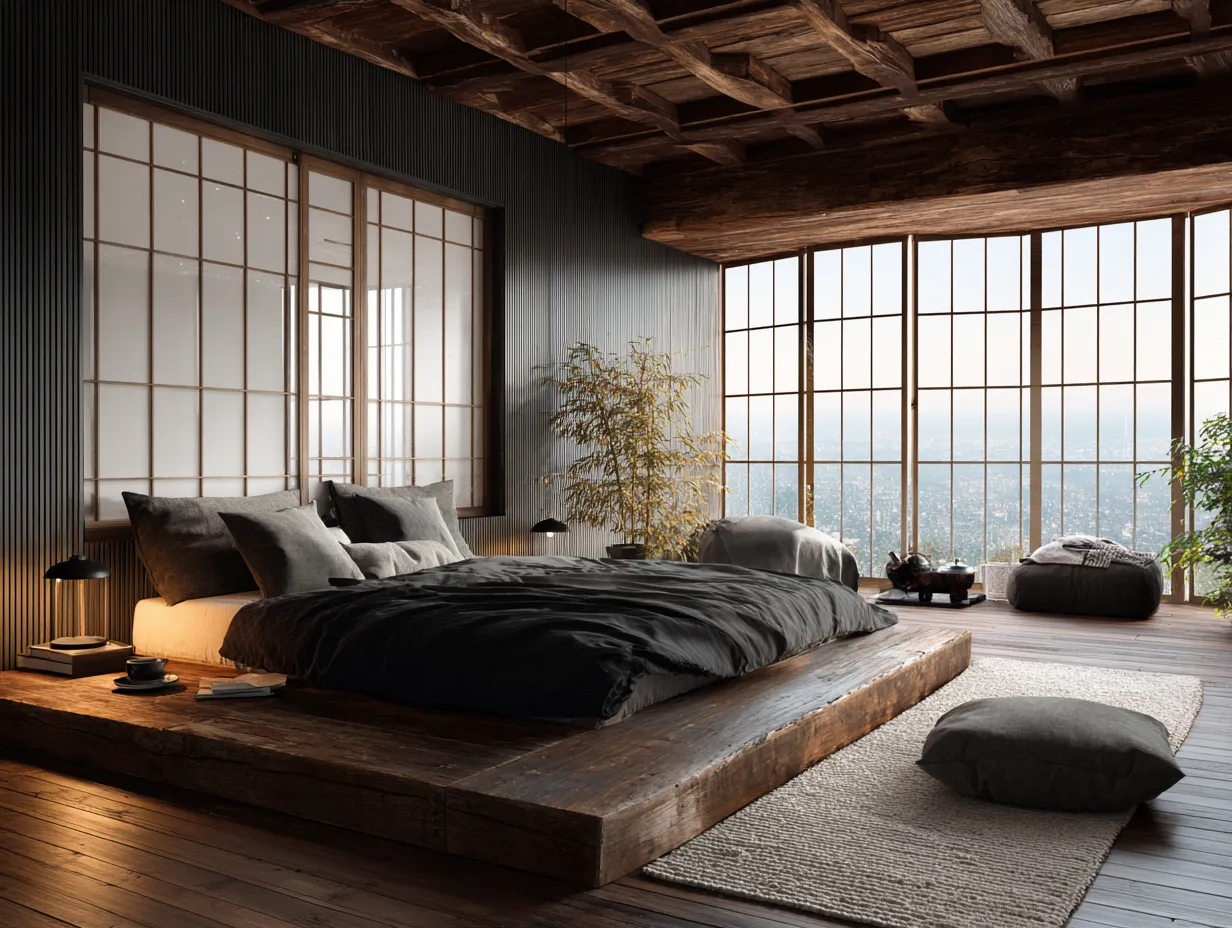 Japandi bedroom design with linen bedding