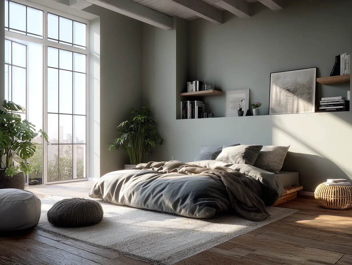 Japandi style bedroom in warm neutrals