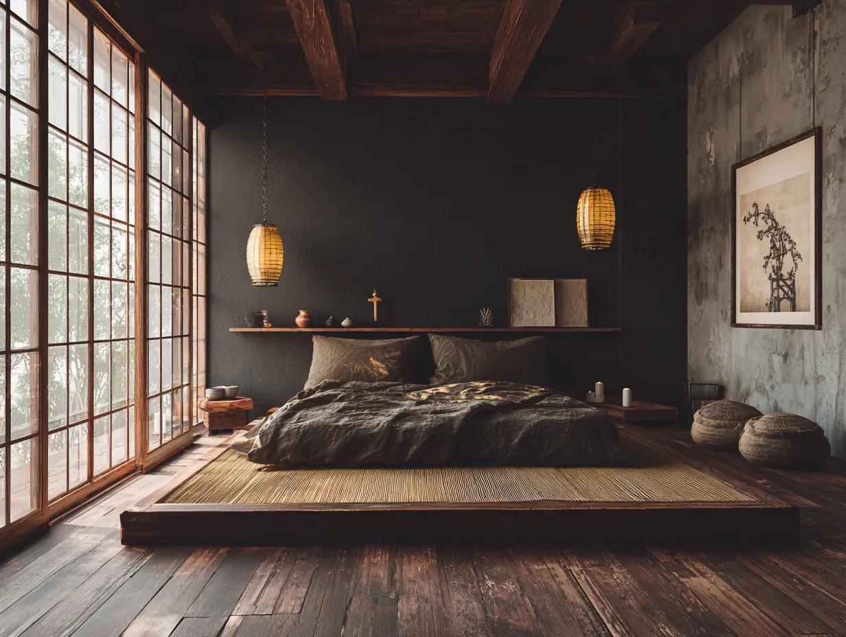 Japandi bedroom with low platform bed
