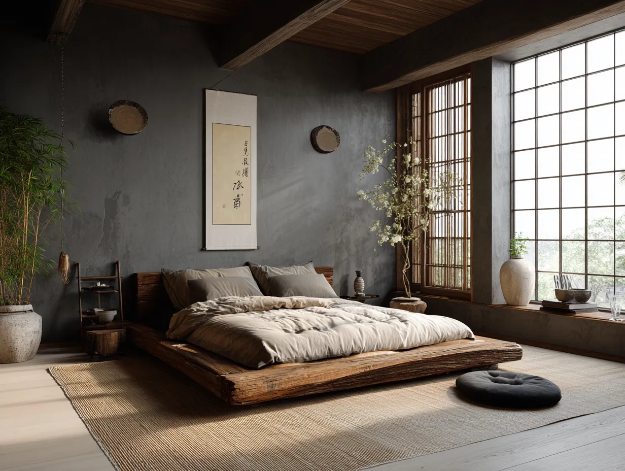 Japandi bedroom with wabi-sabi decor