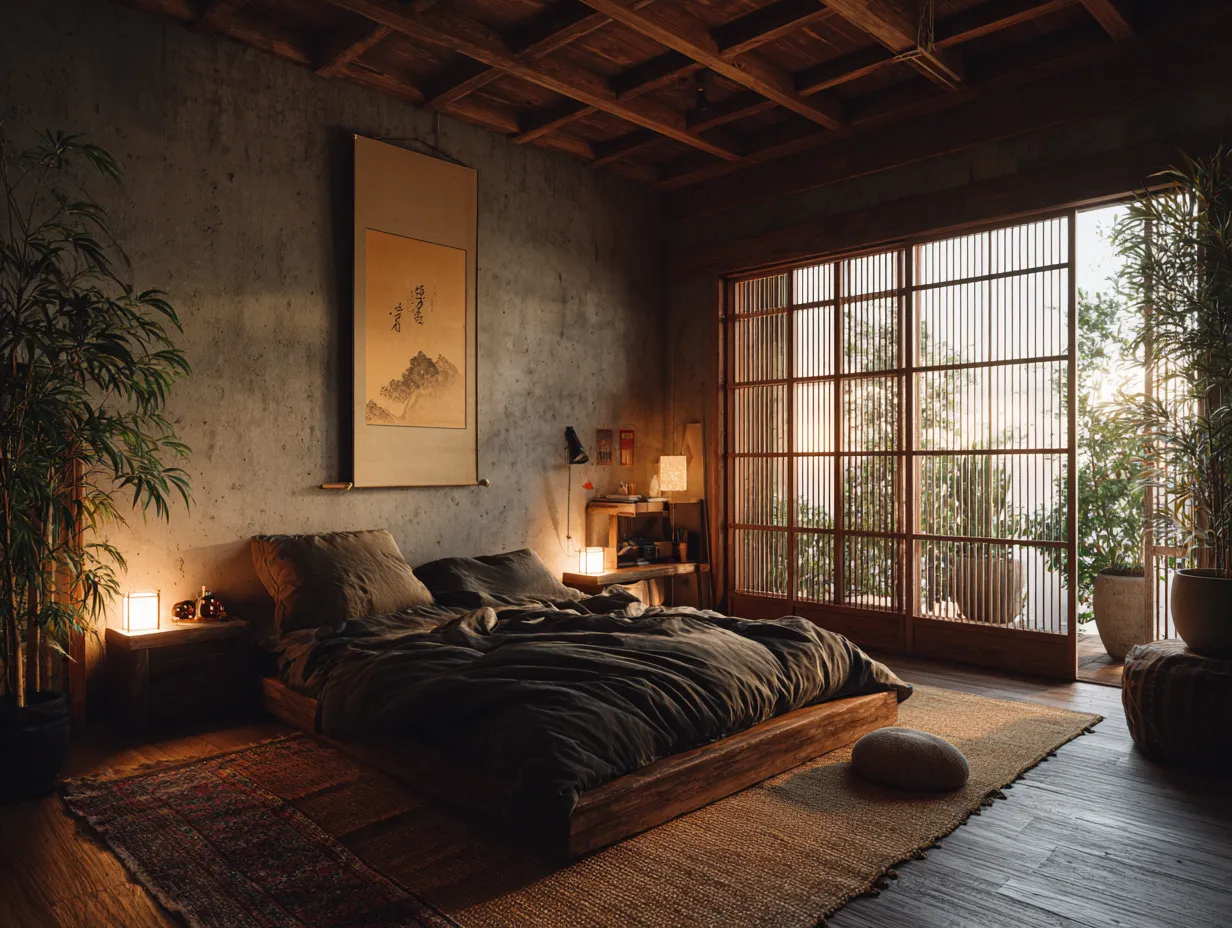 Japandi bedroom with natural wood
