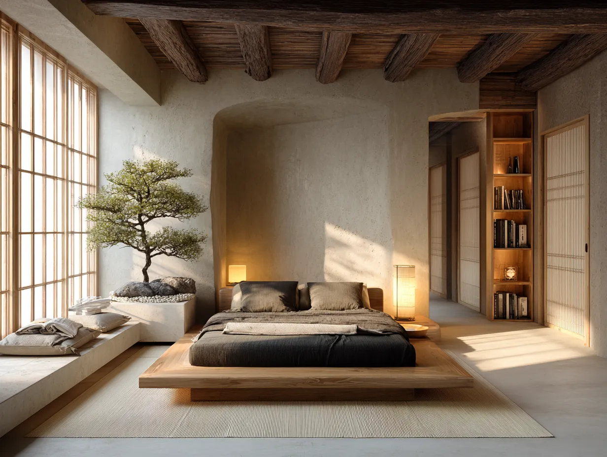 Neutral tone japandi bedroom interior