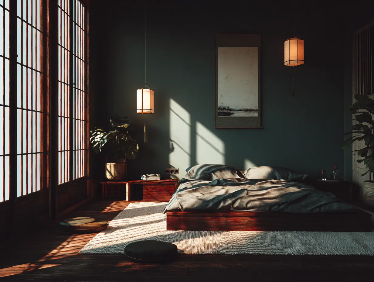 Japandi bedroom with minimalist furniture