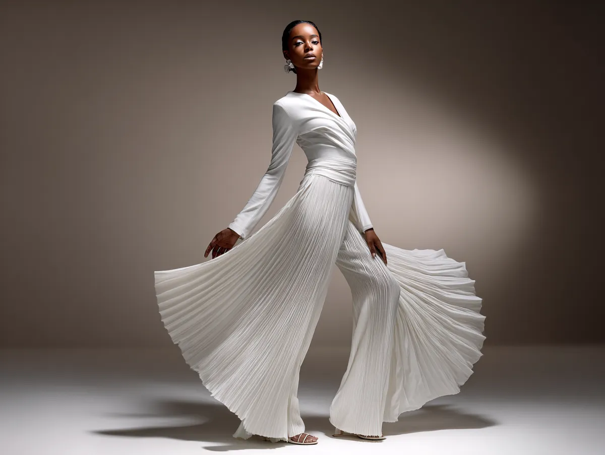 A full-length supermodel stands tall, wearing a flowing structured white outfit that flatters curves. She turns slightly with fluid body lines, emphasizing movement and elegance. The background is minimal, spotlighting the design. Lighting is dramatic yet soft, accentuating texture and silhouette. Chic, modern, editorial mood.