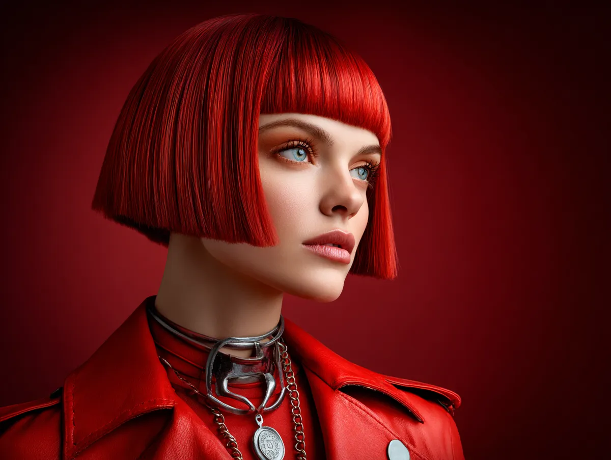 A high-fashion editorial portrait of a model with a sharp angled bob haircut dyed in a bright fiery red tone, glossy sleek finish, dramatic lighting, bold outfit accents, vibrant modern vibe