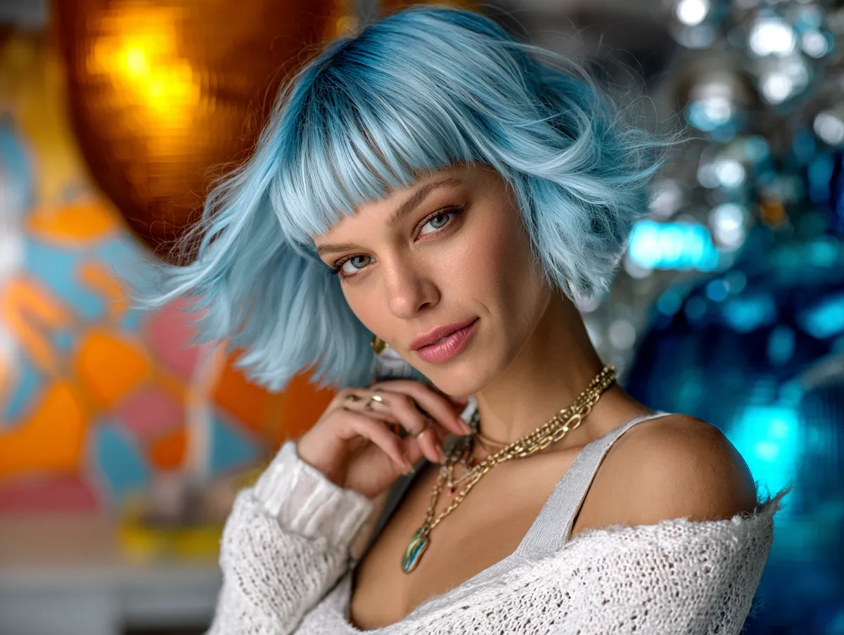 An artistic street-style shot of a model with an angled bob haircut in a luminous electric blue shade, playful movement in hair, urban city backdrop, neon reflections, trendy and confident atmosphere