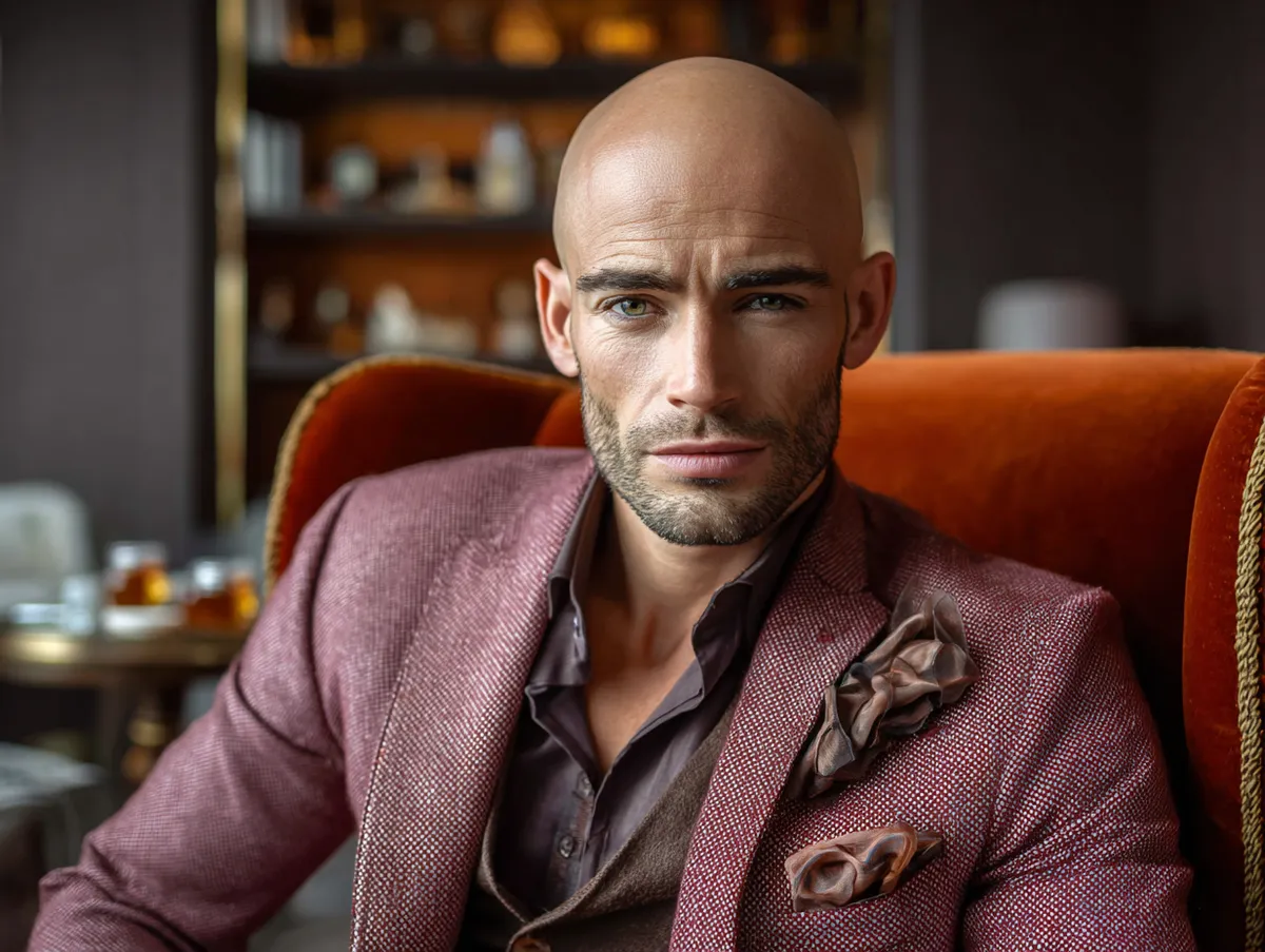 A stylish man in a lounge with bald hairstyle, neatly groomed eyebrows, trimmed stubble, wearing a tailored blazer, warm ambient lighting