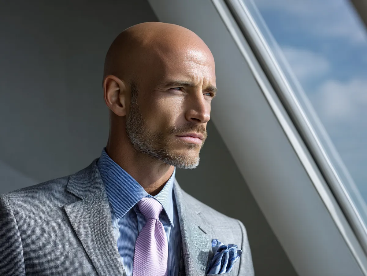 A confident man with a smooth bald hairstyle, polished skin, wearing a modern suit, standing near a large window with natural light
