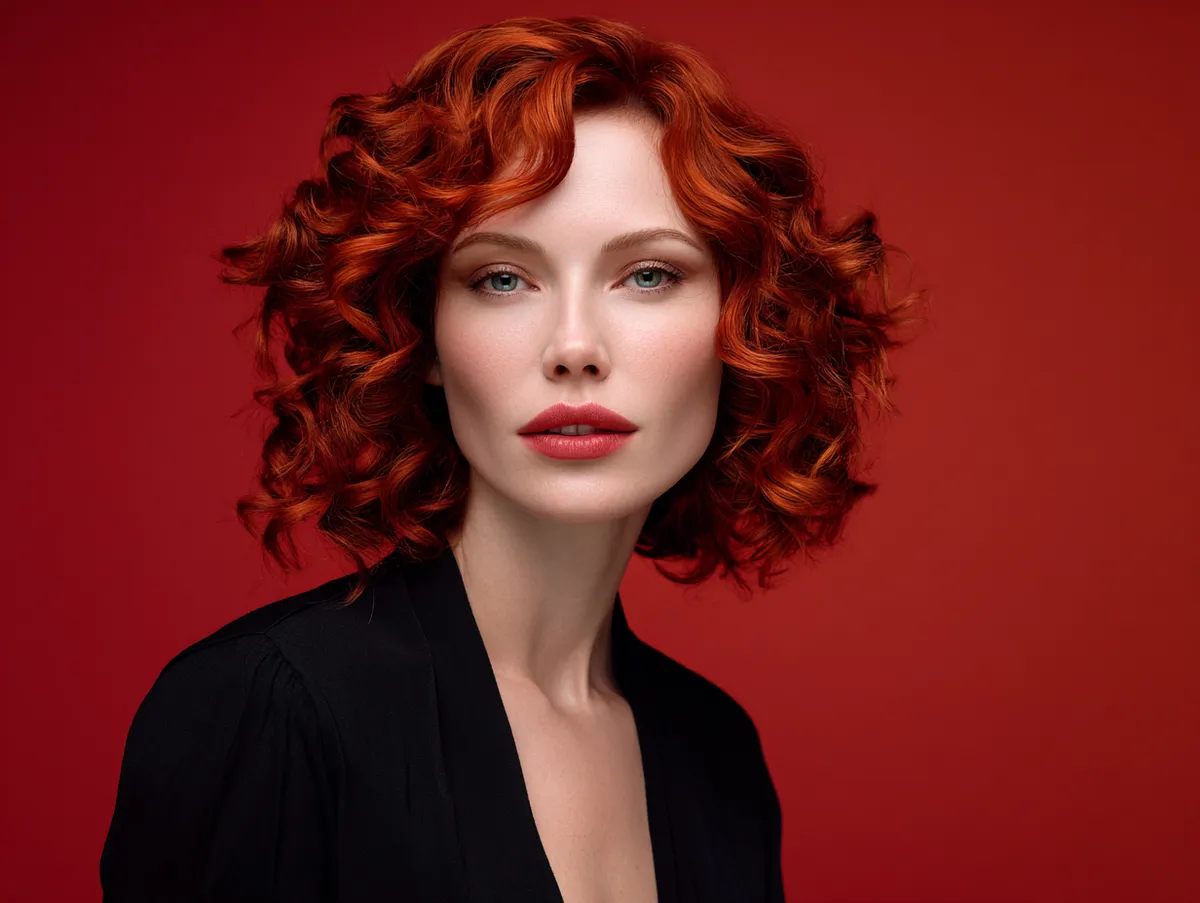 A woman with cherry red hair styled in soft curls that frame the face, elegant flow, vibrant background, high fashion photography, glowing skin, cinematic lighting