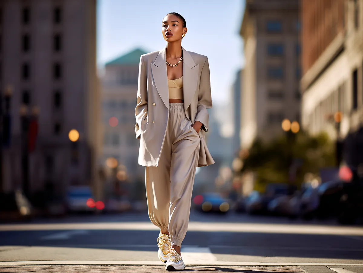 Full-length photo of a supermodel walking confidently through a lively urban street, wearing an oversized blazer styled with sneakers and a crop top, golden sunlight hitting city buildings in the background, high-fashion street style photography, no sitting poses