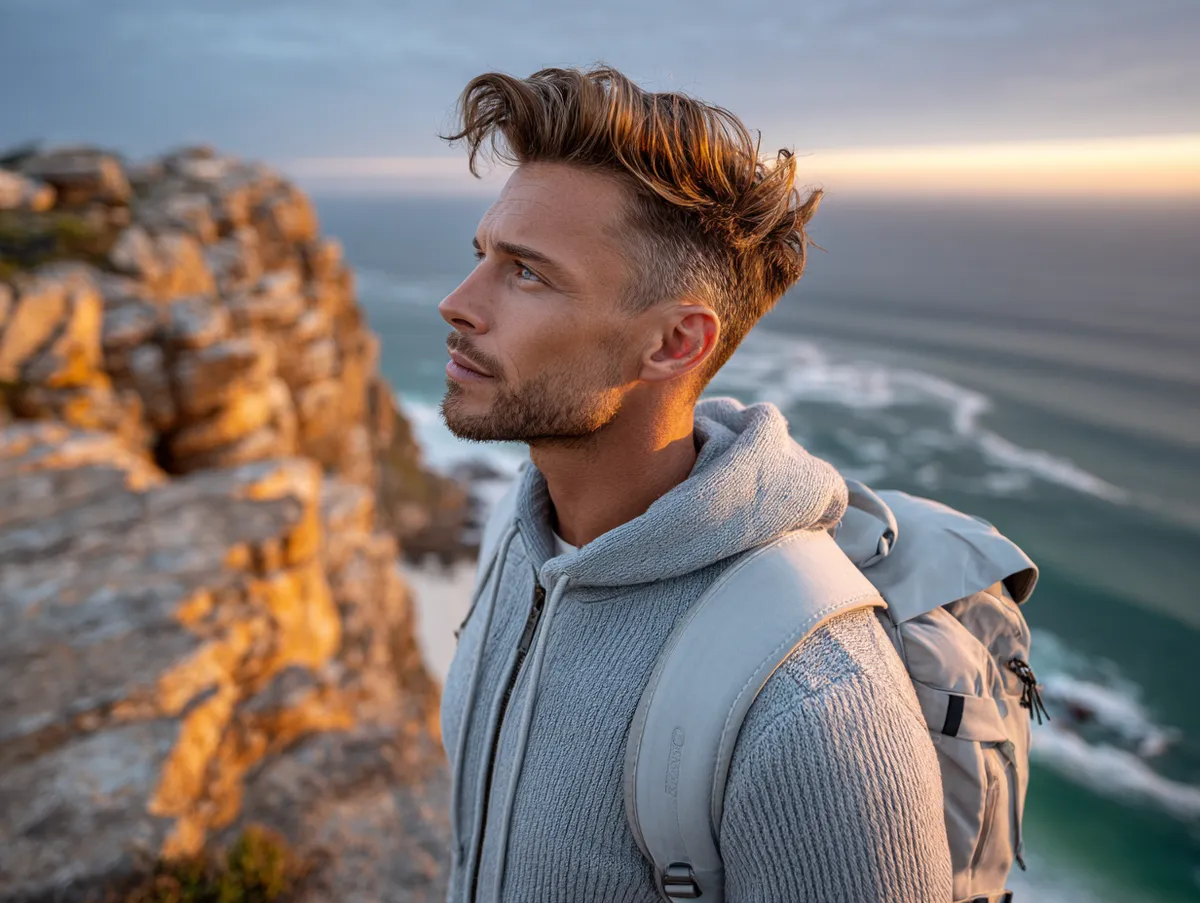 A stylish man with a blowout taper fade hairstyle standing on a cliff overlooking the ocean, casual outfit with backpack, golden sunset lighting, adventurous energy.
