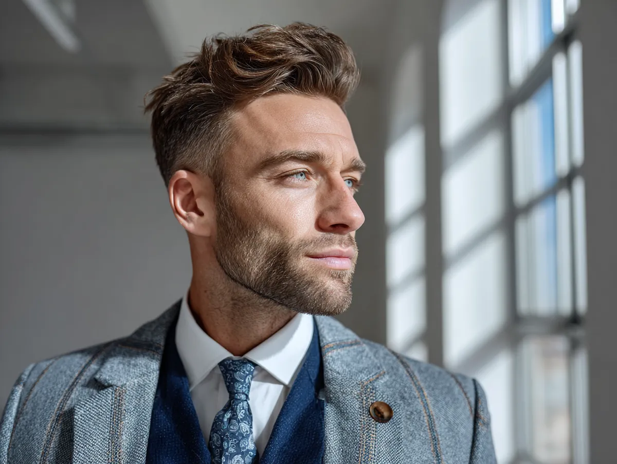 A sharply groomed man in a tailored suit with a blowout taper fade hairstyle, polished modern office interior, subtle confidence, natural daylight through tall windows.