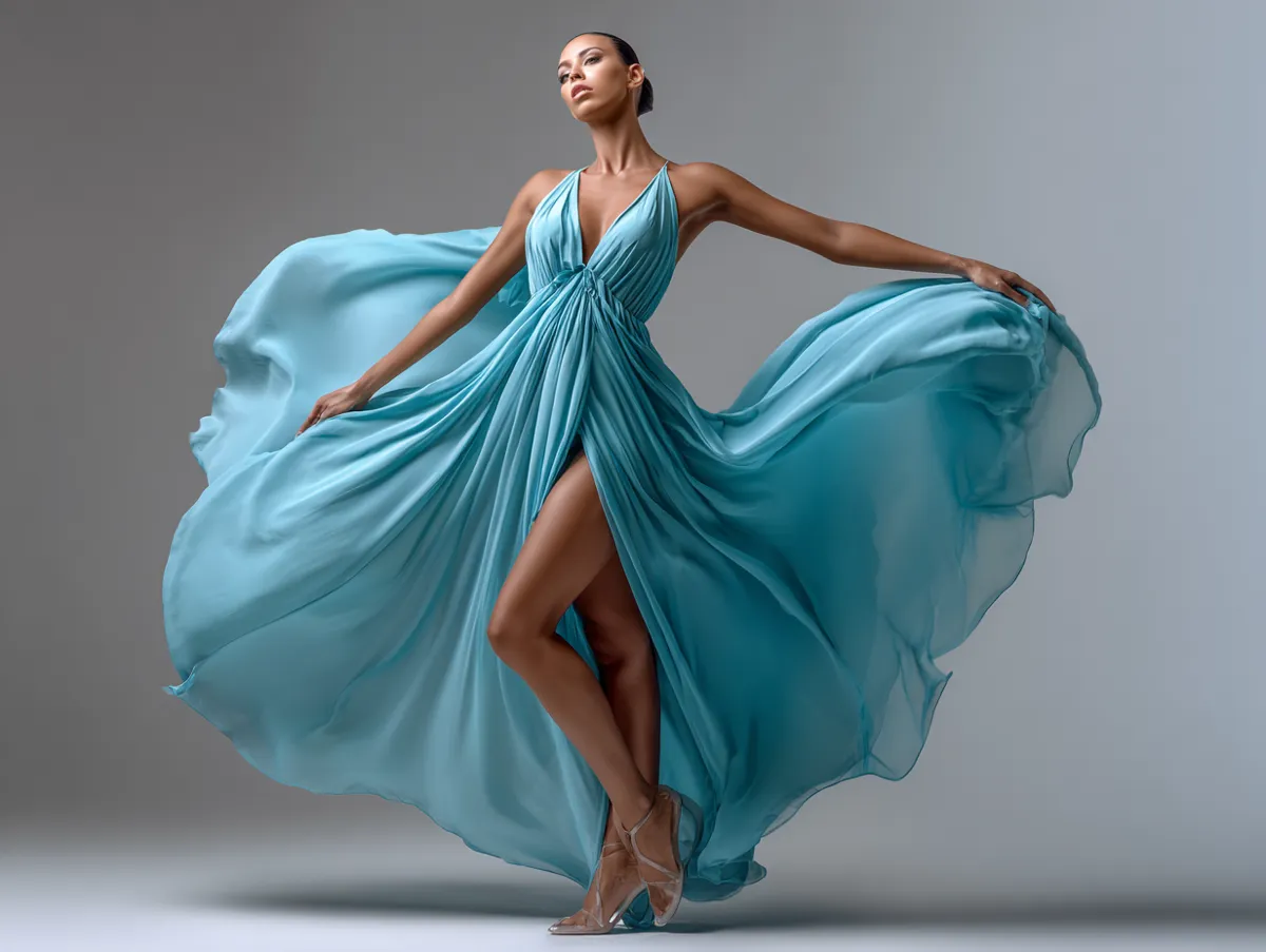 high fashion catalog photo standing pose model in structured blue satin midi dress sculptural design minimalist background strong lighting elegant yet edgy mood