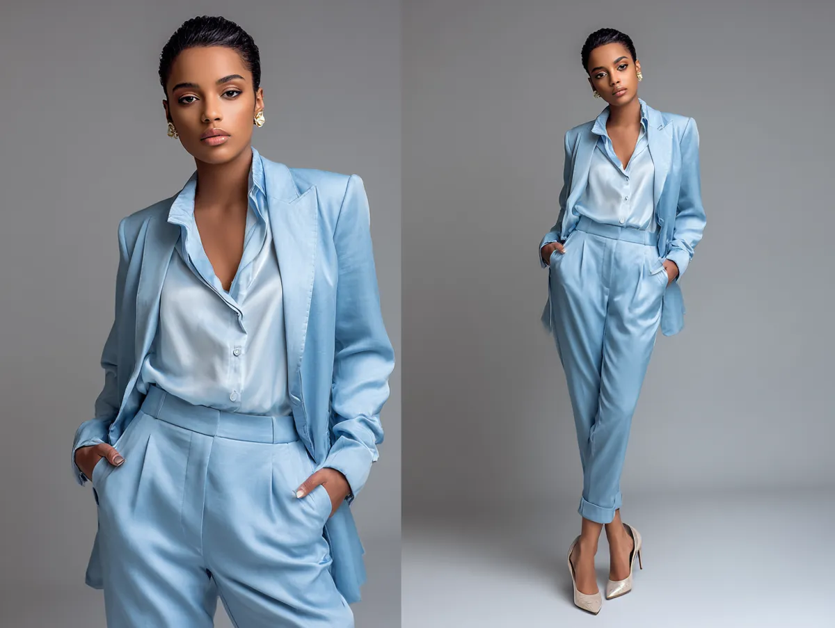 fashion editorial photo shoot full body standing pose minimalist studio lighting model wearing blue tailored pantsuit soft silk blouse heels elegant posture clothing catalog aesthetic