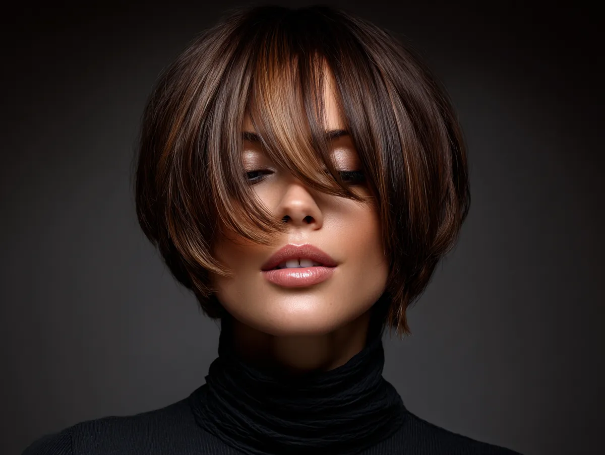 A creative portrait of a woman with artistic brunette hair color blend, asymmetrical cut, expressive lighting, studio art photography style