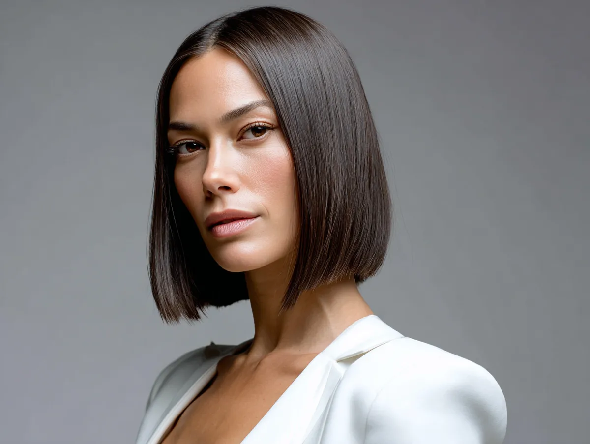 A woman with sleek straight brunette hair in a minimalist white studio, refined composition, clean lines, natural expression, subtle sophistication