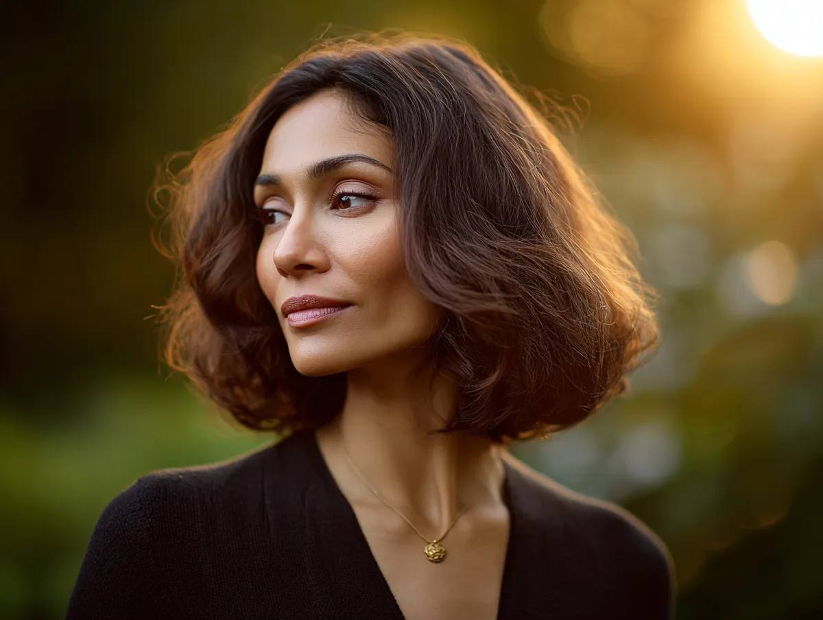 A woman with softly layered brunette hair glowing under golden hour light, natural background, cinematic tones, luxurious soft-focus portrait