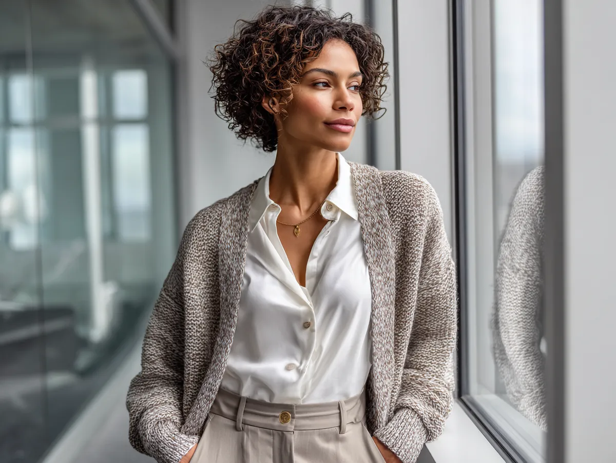 a confident professional woman in a fine-knit cardigan layered over a white blouse and tailored dress pants, standing near a modern office window, natural daylight, elegant and minimalist aesthetic