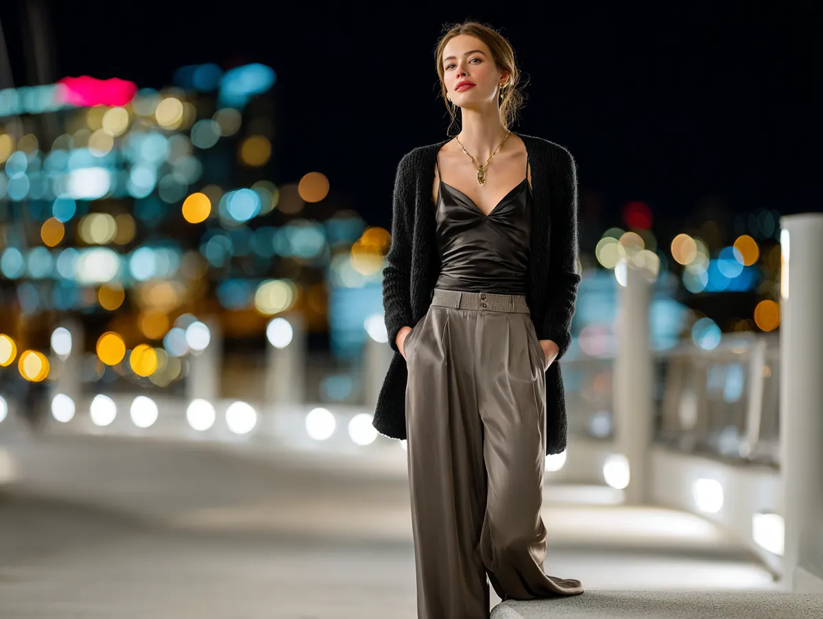 a fashionable woman wearing a fitted black cardigan over a satin camisole and wide-leg trousers in a softly lit urban night setting with city lights in the background, cinematic fashion shot