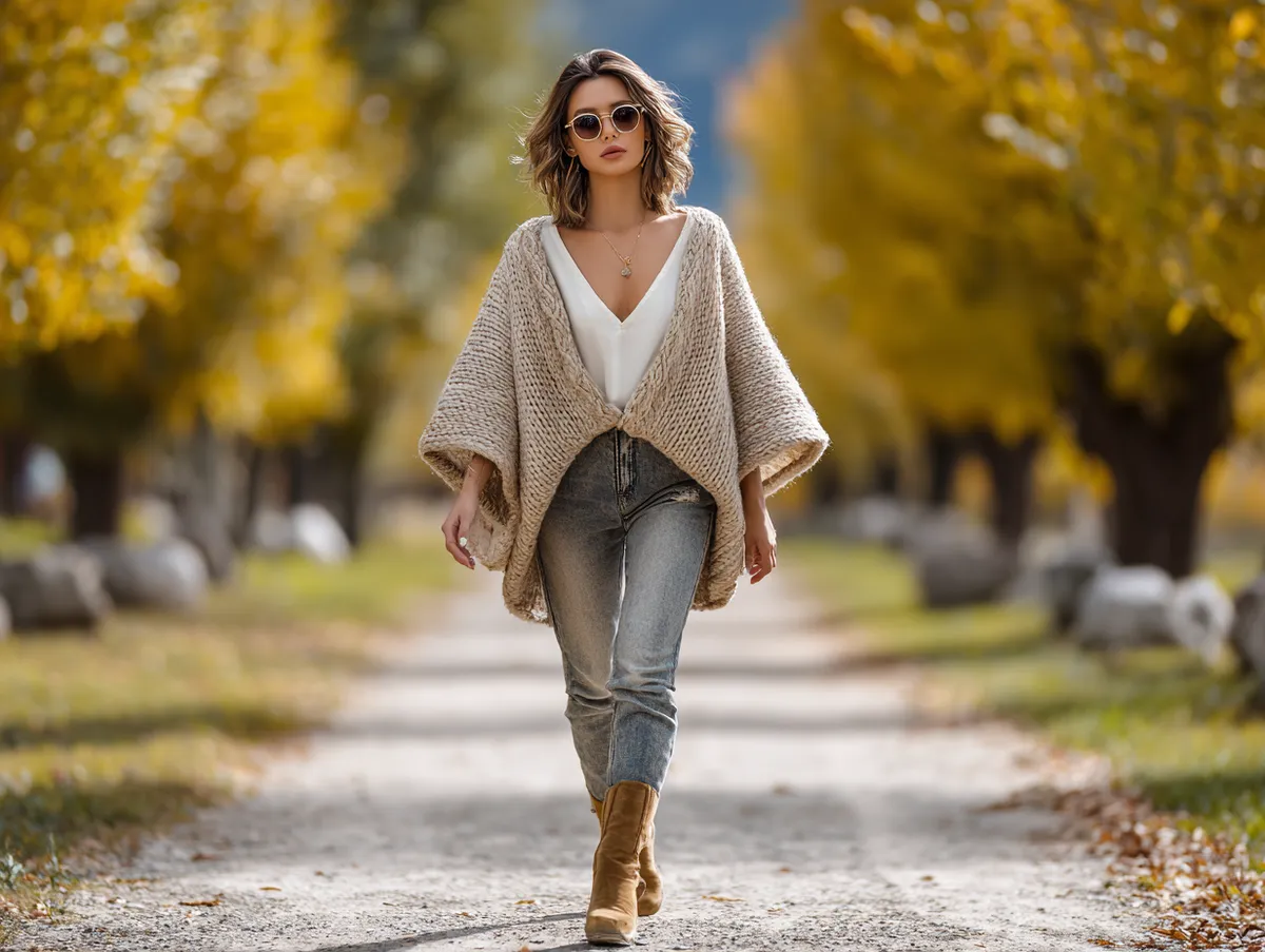 a stylish young woman wearing a cozy oversized cardigan with fitted jeans and ankle boots walking through an autumn park surrounded by golden leaves, soft natural light, lifestyle fashion photography